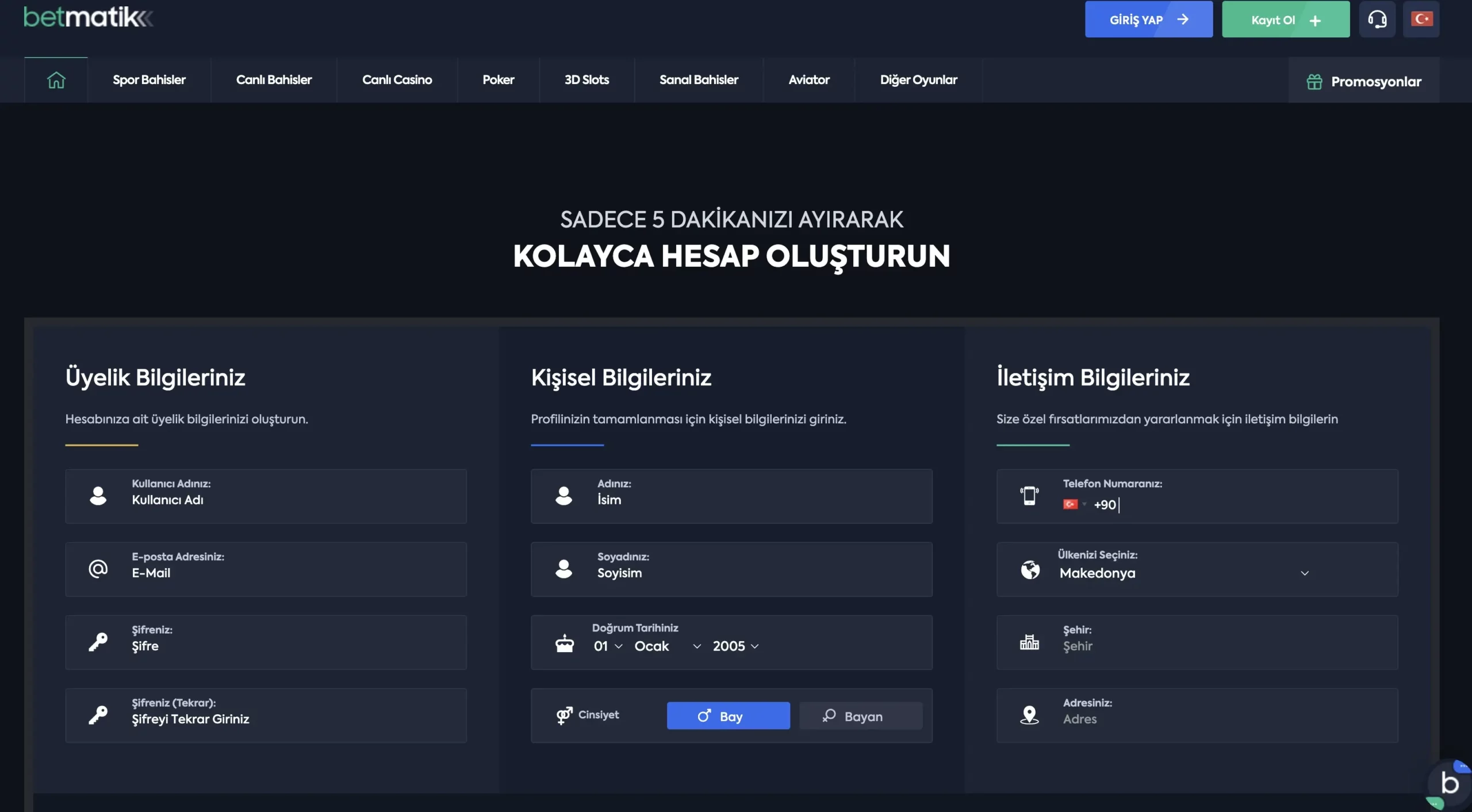 Betmatik Üyelik Ekranı